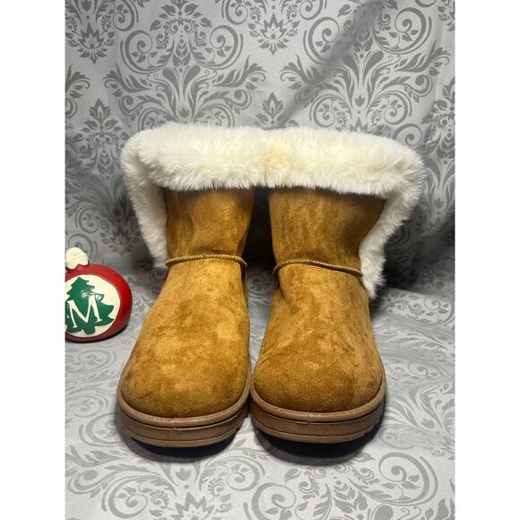 SO Faux Shearling Ankle Boots Tan Cream Fur Size - Picture 2 of 4